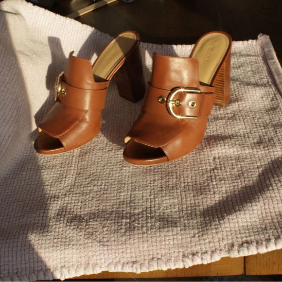 Michael Kors Shoes - Michael Kors Brown Leather Mules Stacked Heel  Slides with Gold Accents